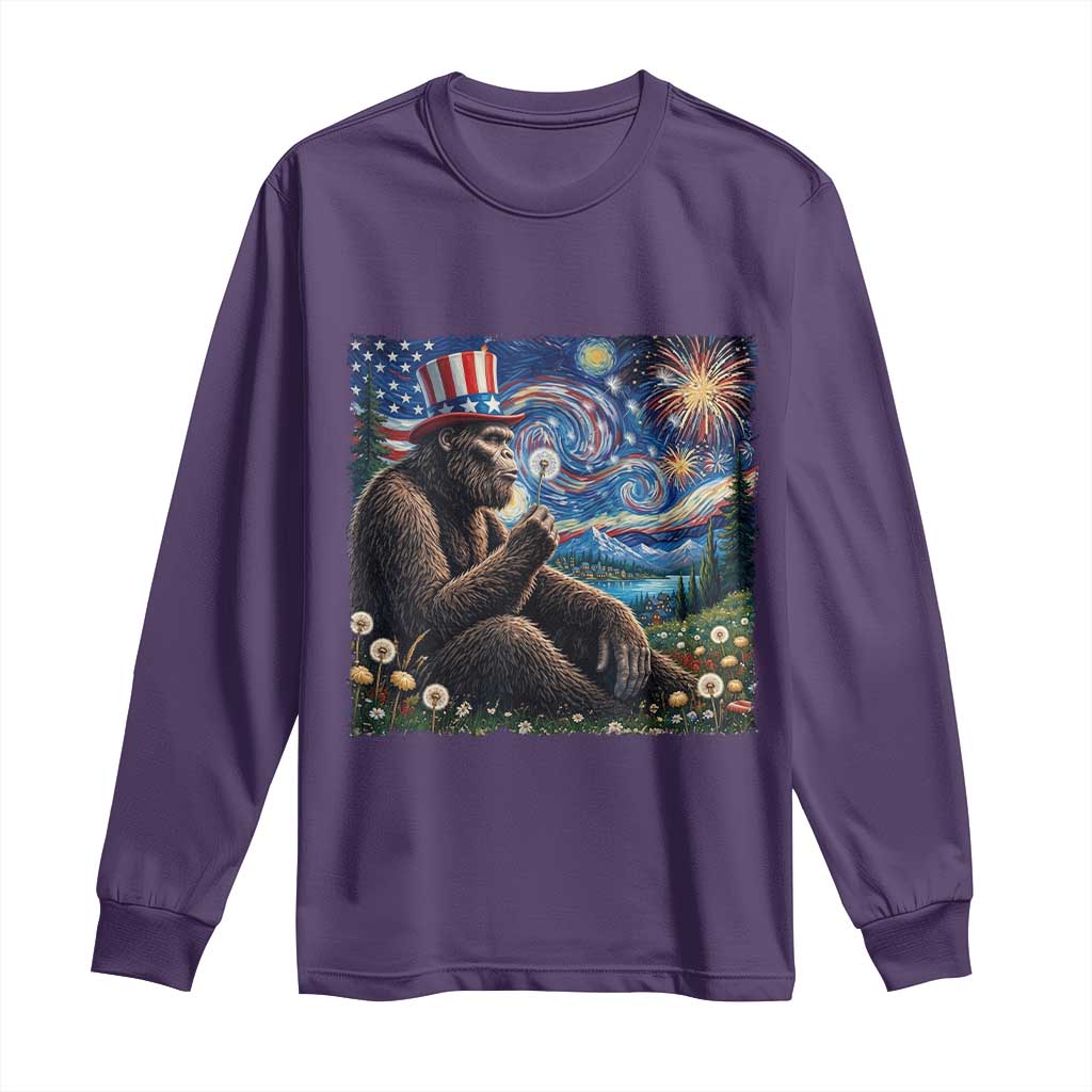 Bigfoot Blowing Dandelion Long Sleeve Shirt Sasquatch Van Gogh Starry Night 4th of July