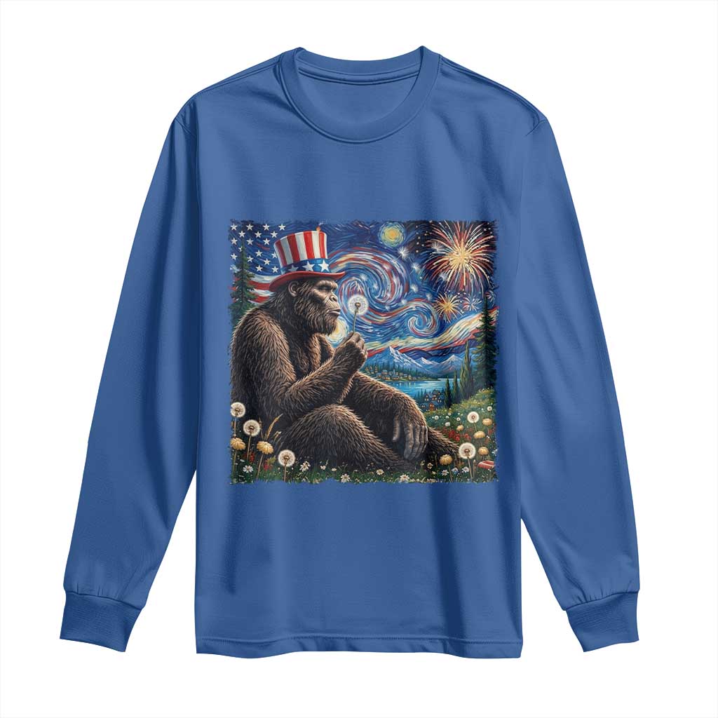 Bigfoot Blowing Dandelion Long Sleeve Shirt Sasquatch Van Gogh Starry Night 4th of July