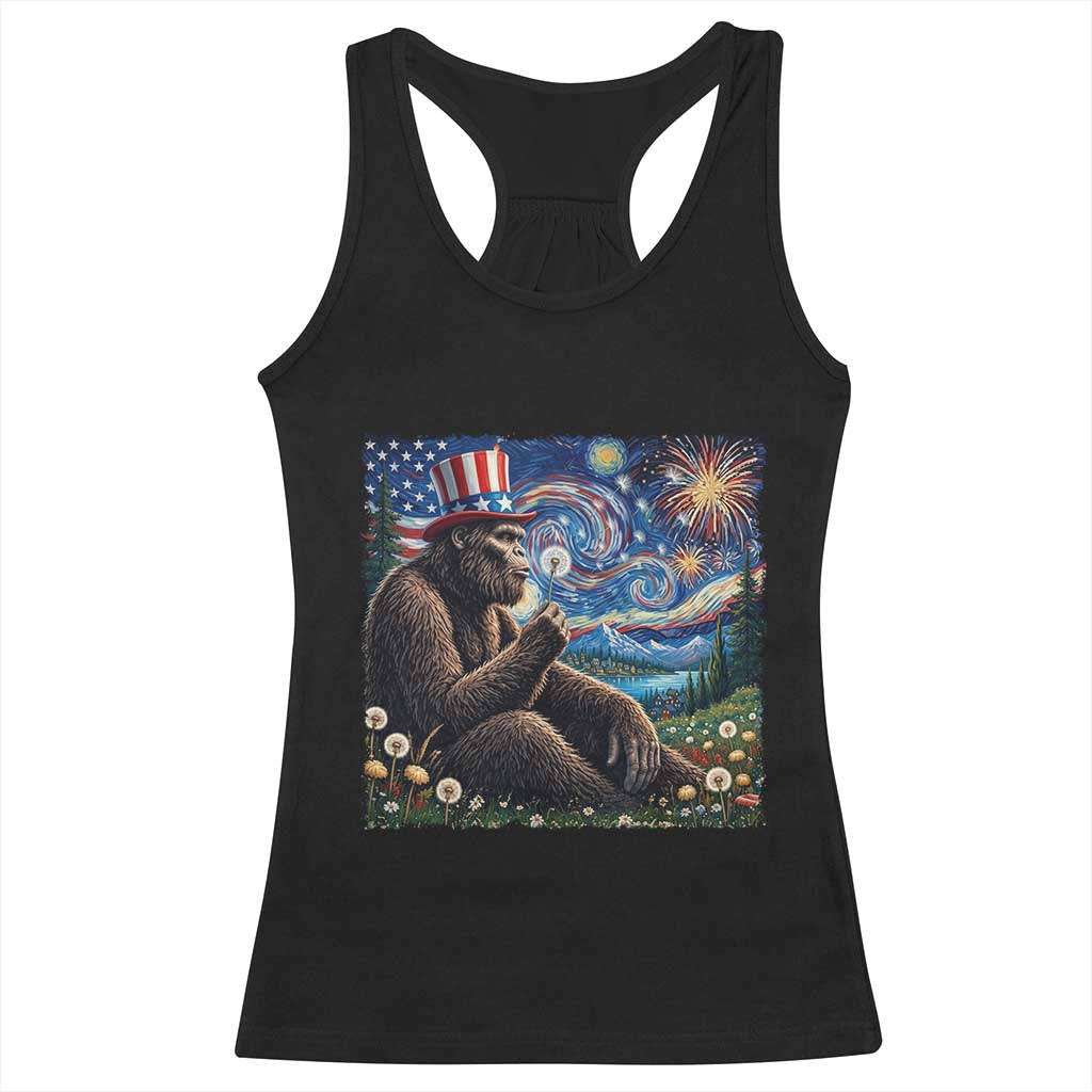 Bigfoot Blowing Dandelion Racerback Tank Top Sasquatch Van Gogh Starry Night 4th of July