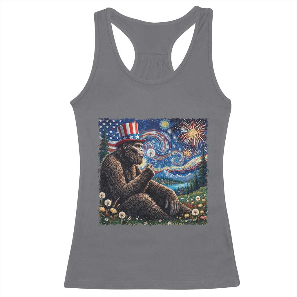 Bigfoot Blowing Dandelion Racerback Tank Top Sasquatch Van Gogh Starry Night 4th of July