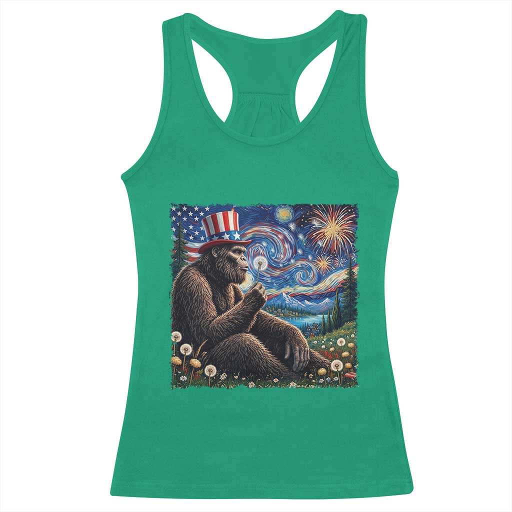 Bigfoot Blowing Dandelion Racerback Tank Top Sasquatch Van Gogh Starry Night 4th of July