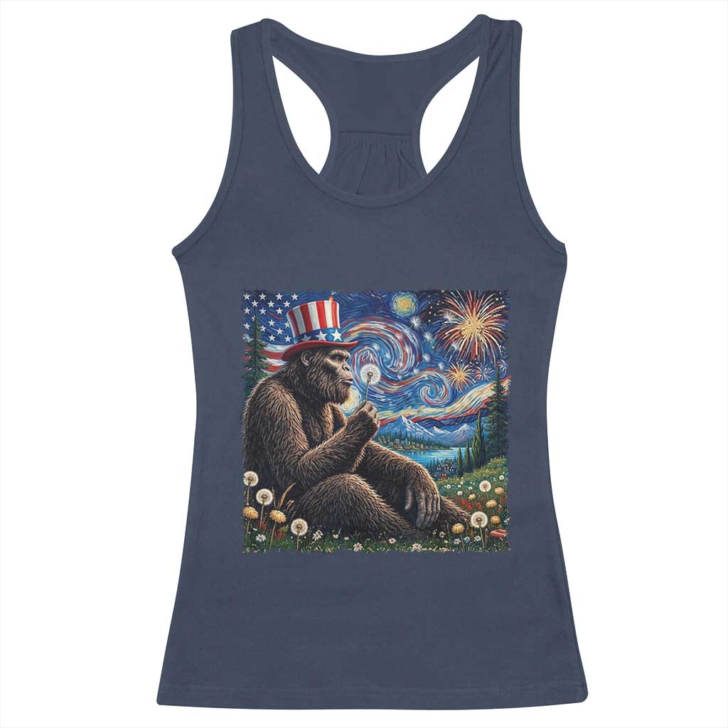 Bigfoot Blowing Dandelion Racerback Tank Top Sasquatch Van Gogh Starry Night 4th of July