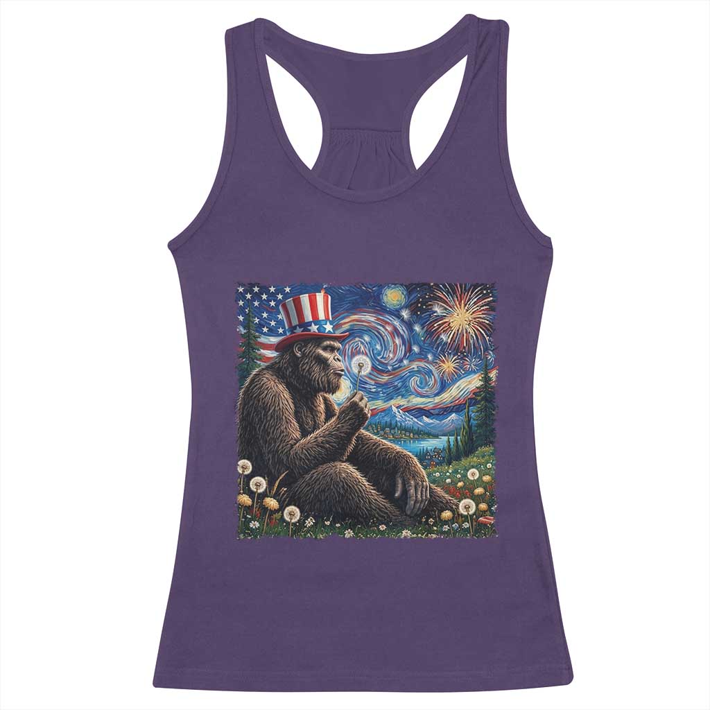 Bigfoot Blowing Dandelion Racerback Tank Top Sasquatch Van Gogh Starry Night 4th of July