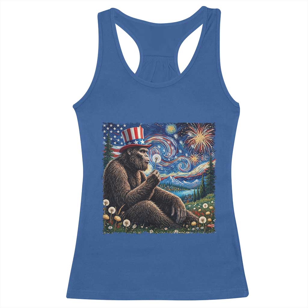 Bigfoot Blowing Dandelion Racerback Tank Top Sasquatch Van Gogh Starry Night 4th of July