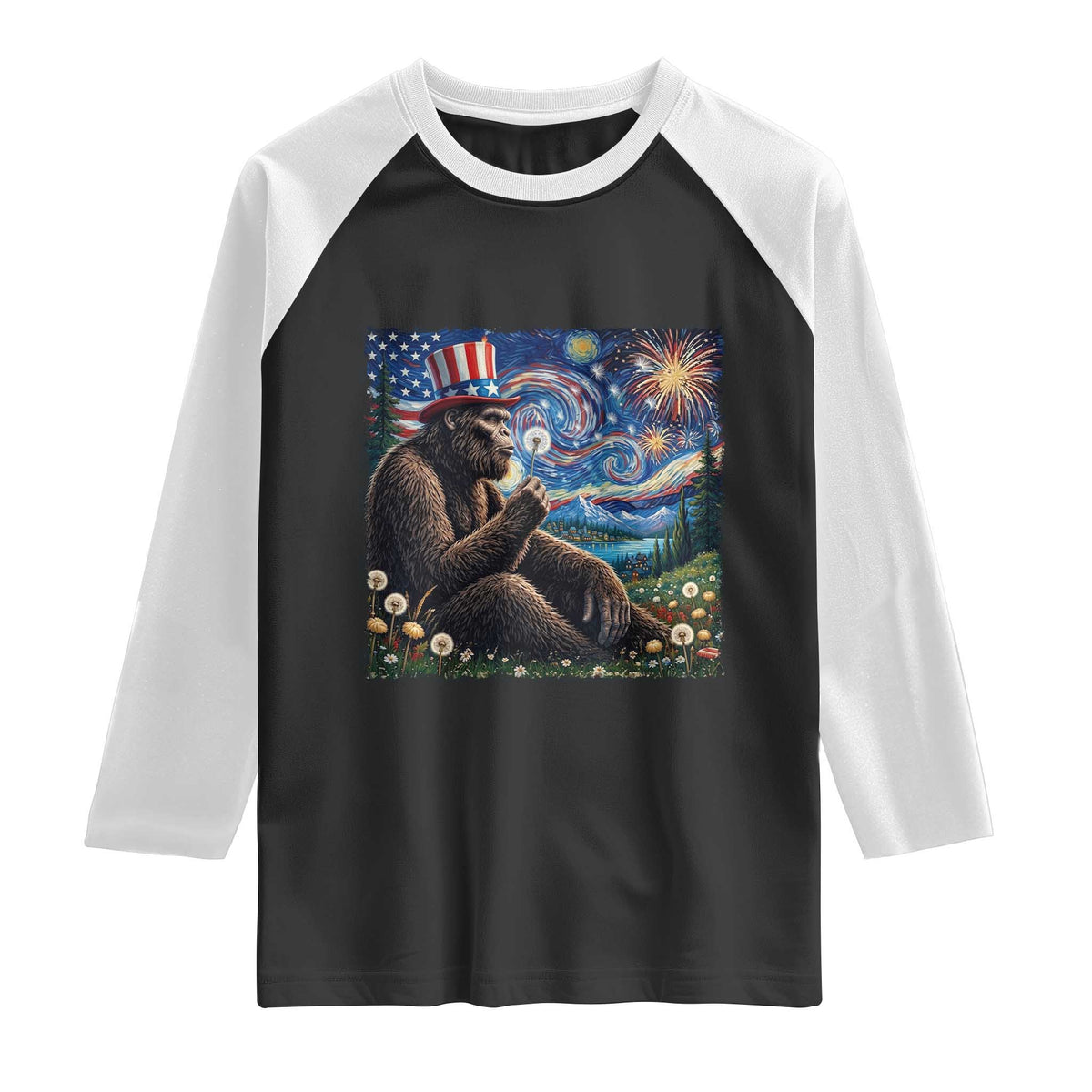 Bigfoot Blowing Dandelion Raglan Shirt Sasquatch Van Gogh Starry Night 4th of July