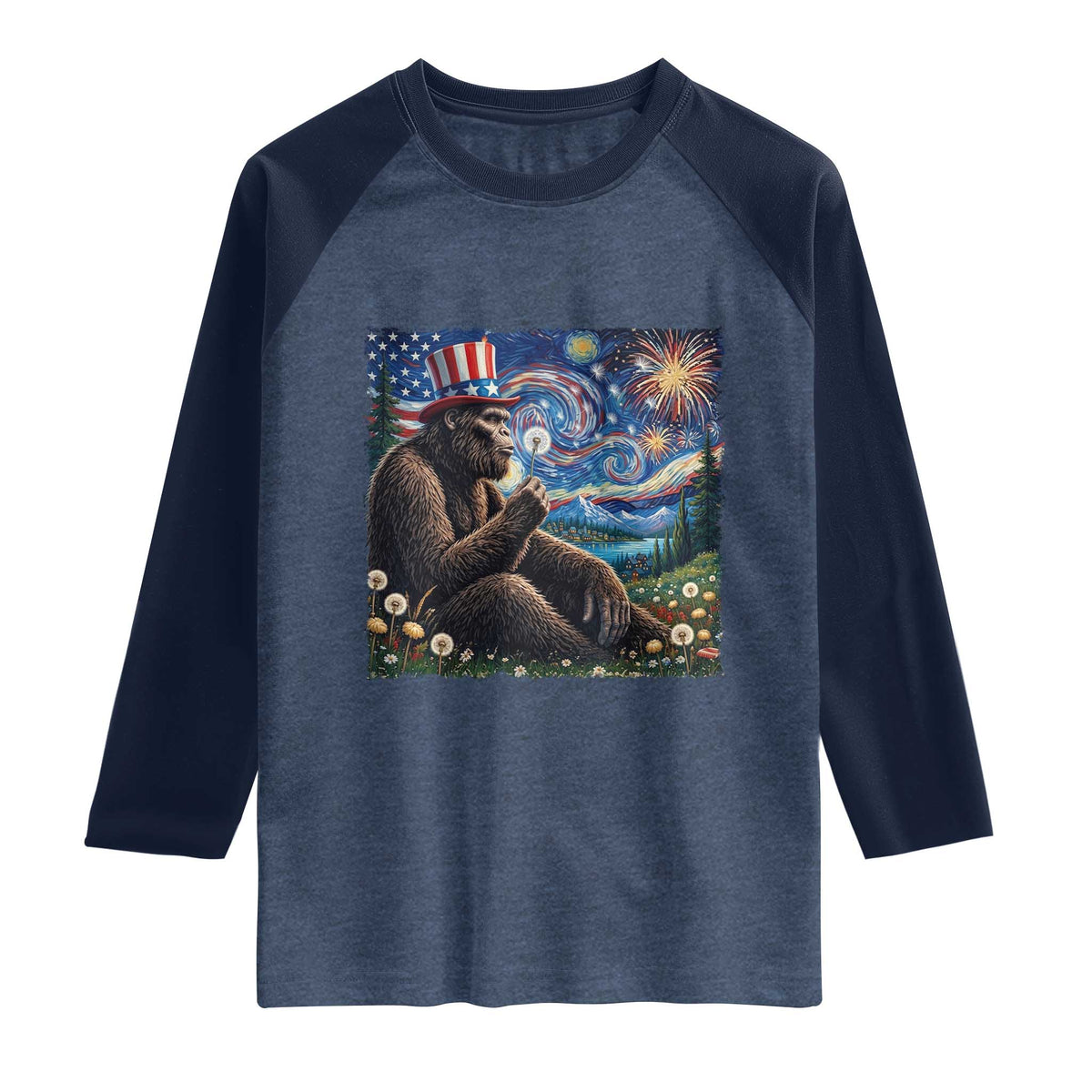 Bigfoot Blowing Dandelion Raglan Shirt Sasquatch Van Gogh Starry Night 4th of July