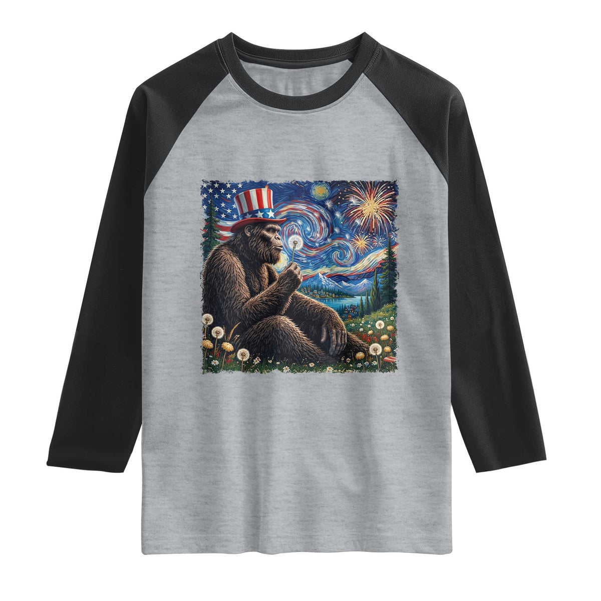 Bigfoot Blowing Dandelion Raglan Shirt Sasquatch Van Gogh Starry Night 4th of July