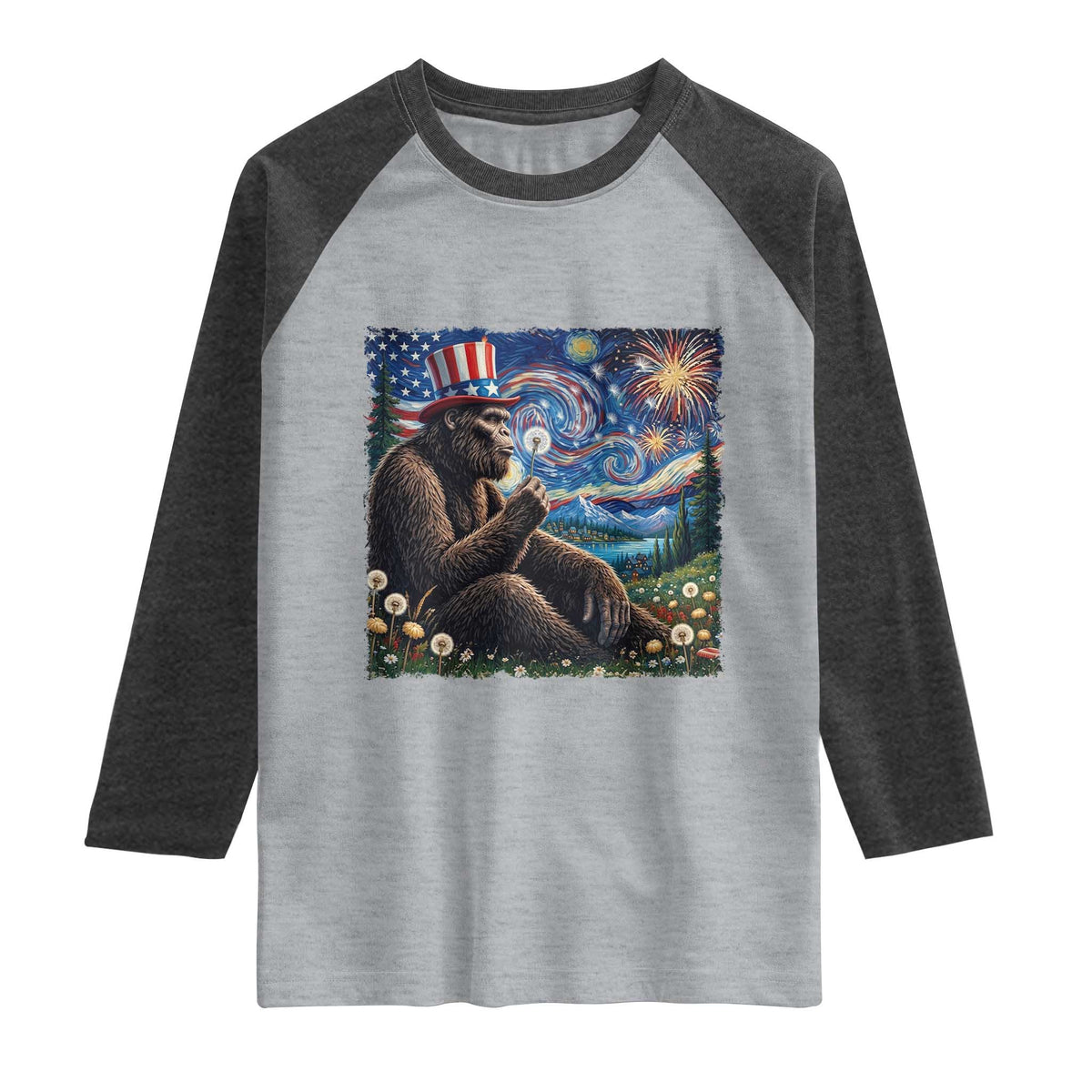 Bigfoot Blowing Dandelion Raglan Shirt Sasquatch Van Gogh Starry Night 4th of July