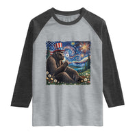 Bigfoot Blowing Dandelion Raglan Shirt Sasquatch Van Gogh Starry Night 4th of July
