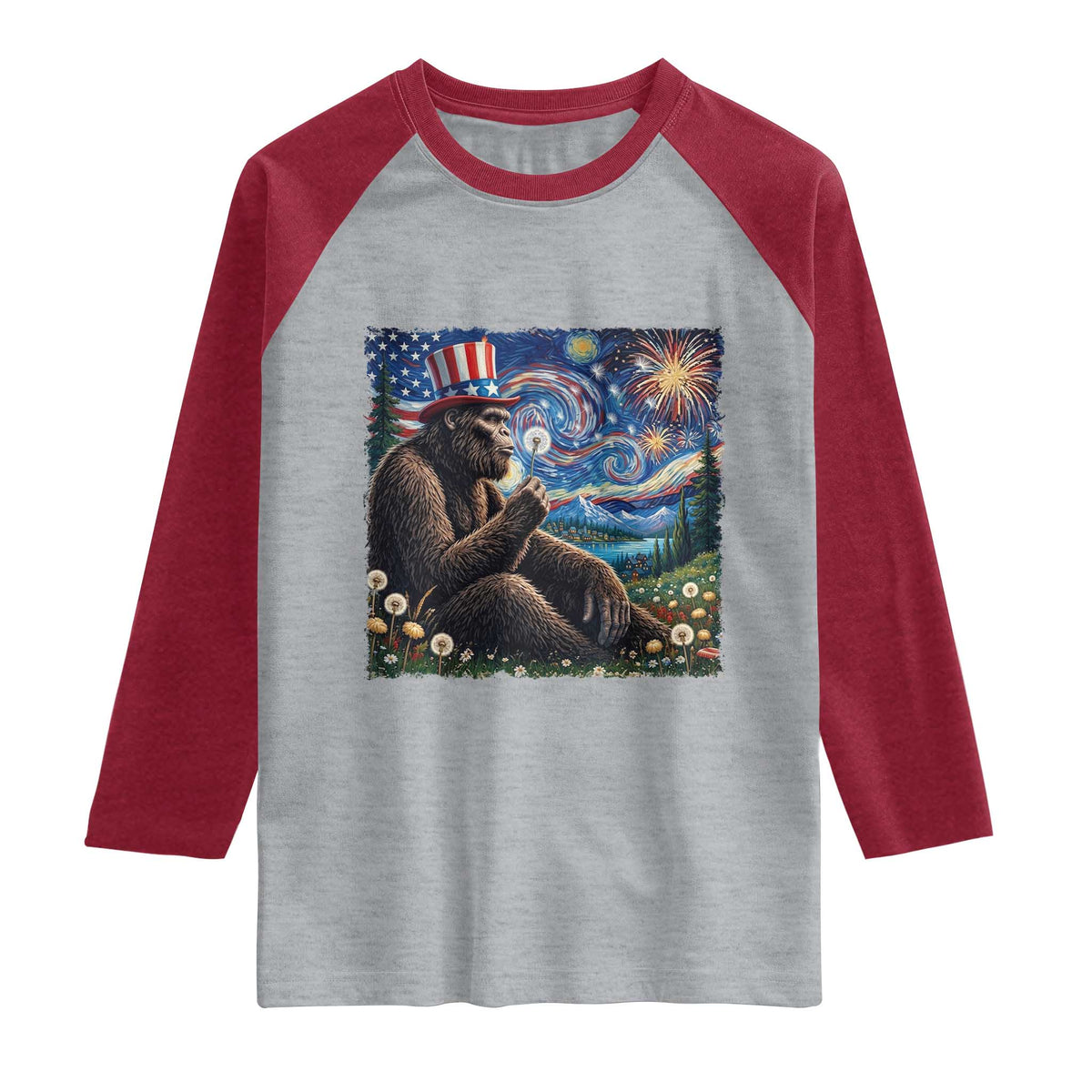 Bigfoot Blowing Dandelion Raglan Shirt Sasquatch Van Gogh Starry Night 4th of July