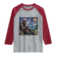 Bigfoot Blowing Dandelion Raglan Shirt Sasquatch Van Gogh Starry Night 4th of July