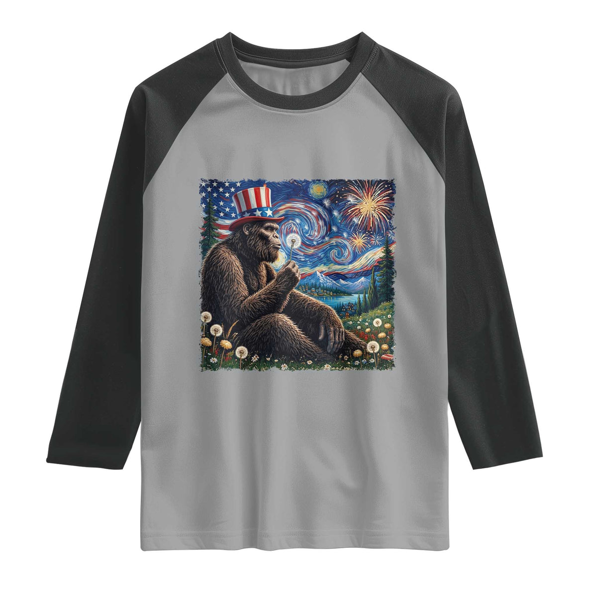 Bigfoot Blowing Dandelion Raglan Shirt Sasquatch Van Gogh Starry Night 4th of July