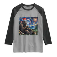 Bigfoot Blowing Dandelion Raglan Shirt Sasquatch Van Gogh Starry Night 4th of July