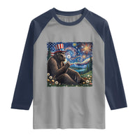 Bigfoot Blowing Dandelion Raglan Shirt Sasquatch Van Gogh Starry Night 4th of July
