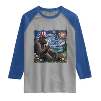 Bigfoot Blowing Dandelion Raglan Shirt Sasquatch Van Gogh Starry Night 4th of July