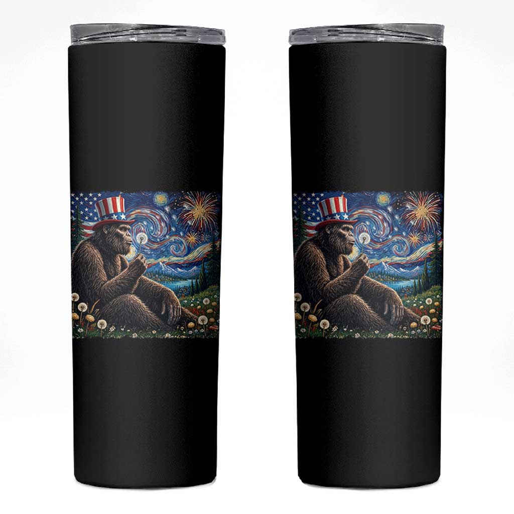 Bigfoot Blowing Dandelion Skinny Tumbler Sasquatch Van Gogh Starry Night 4th of July