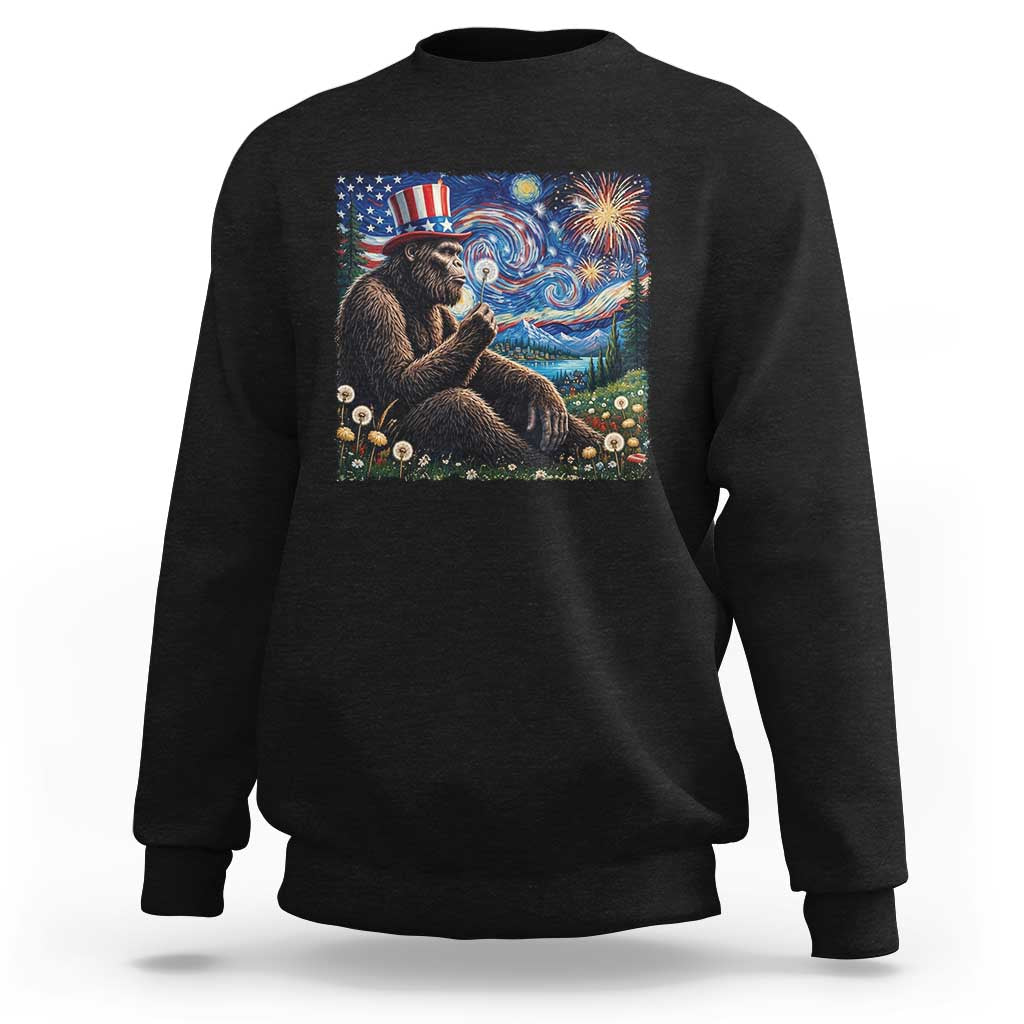 Bigfoot Blowing Dandelion Sweatshirt Sasquatch Van Gogh Starry Night 4th of July