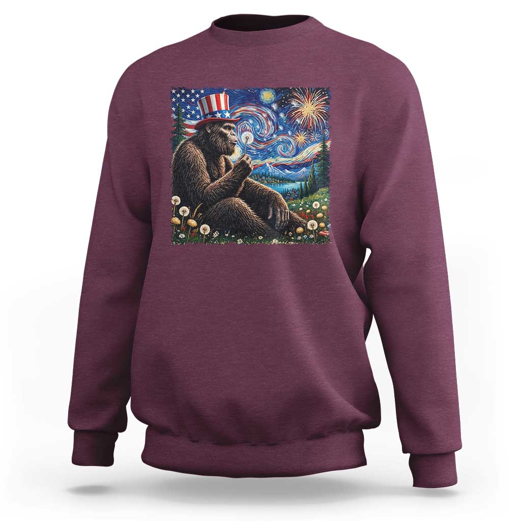 Bigfoot Blowing Dandelion Sweatshirt Sasquatch Van Gogh Starry Night 4th of July