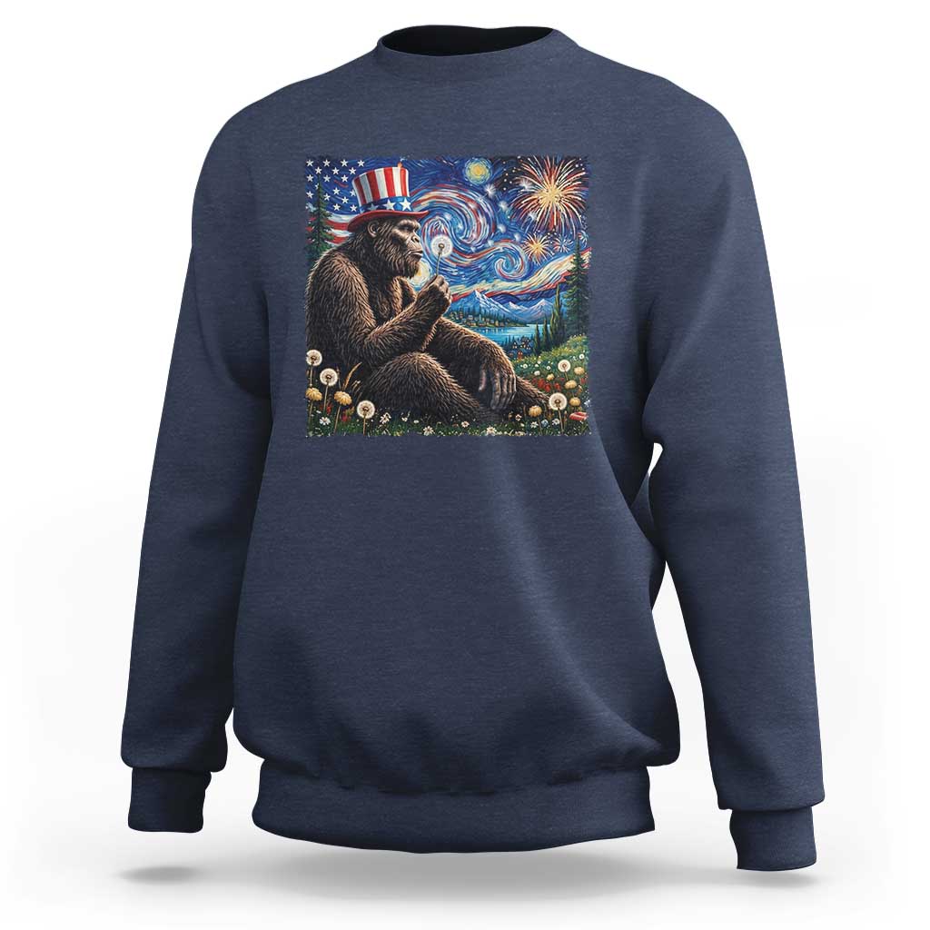 Bigfoot Blowing Dandelion Sweatshirt Sasquatch Van Gogh Starry Night 4th of July