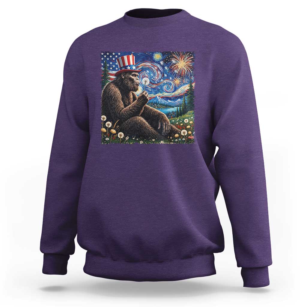 Bigfoot Blowing Dandelion Sweatshirt Sasquatch Van Gogh Starry Night 4th of July