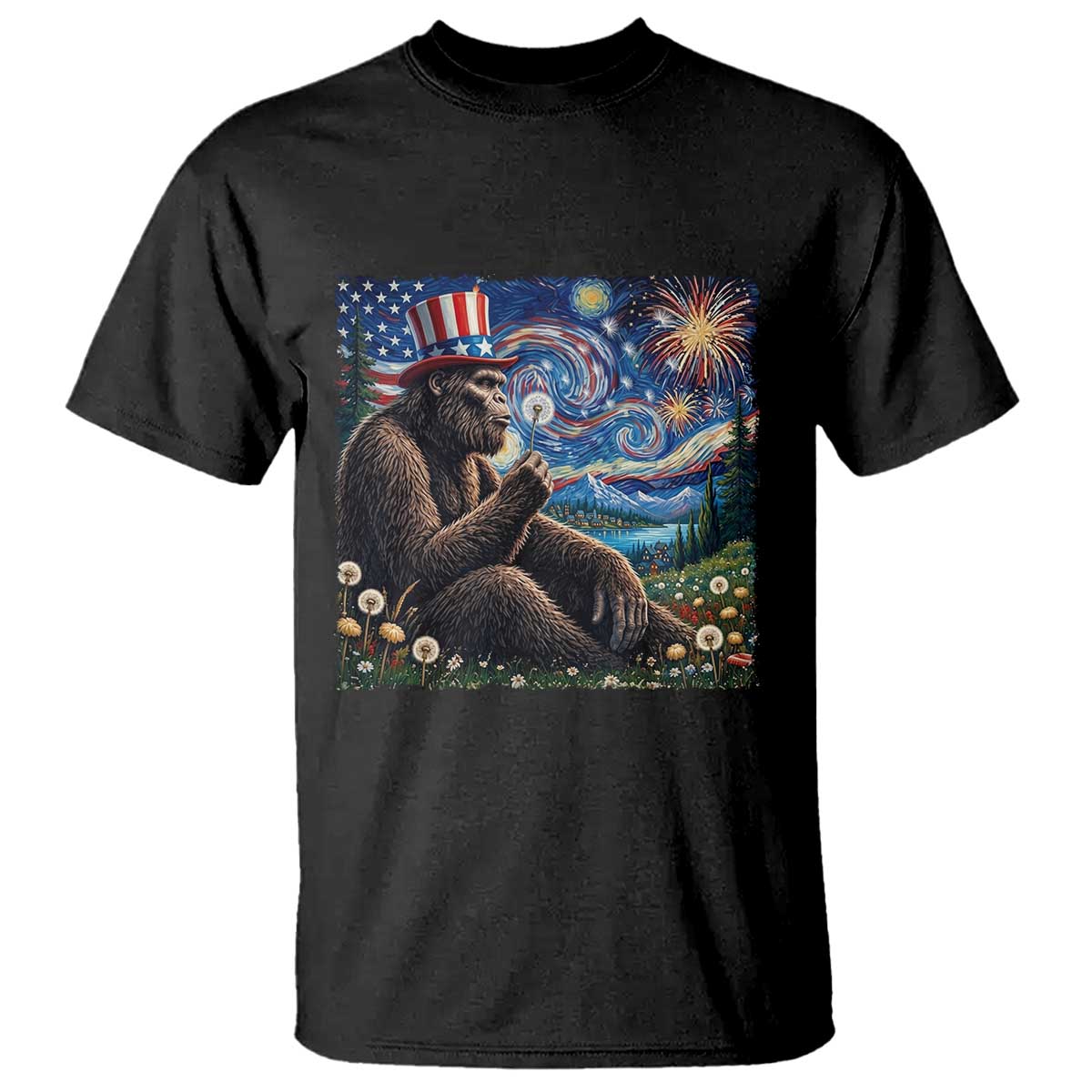 Bigfoot Blowing Dandelion T Shirt Sasquatch Van Gogh Starry Night 4th of July