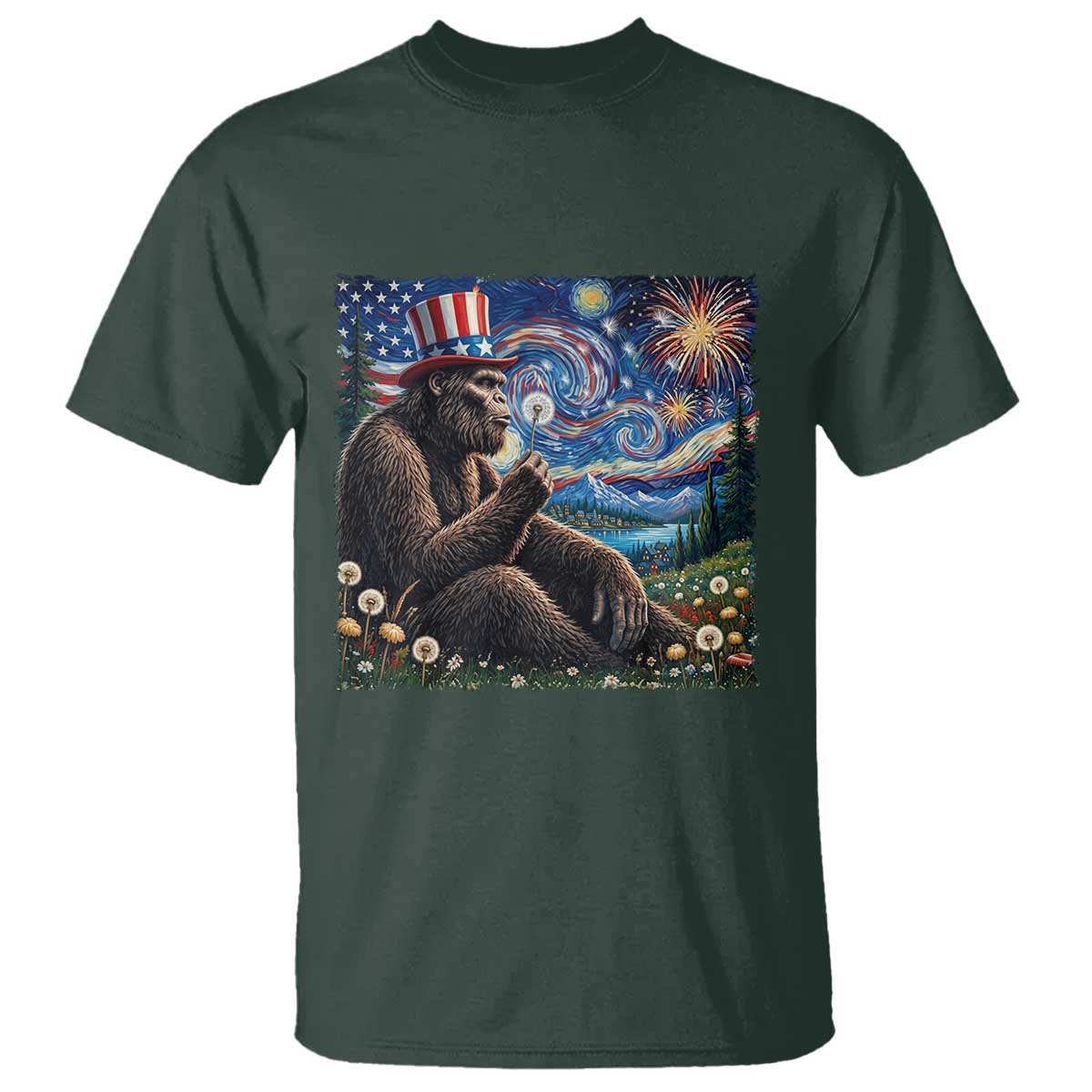 Bigfoot Blowing Dandelion T Shirt Sasquatch Van Gogh Starry Night 4th of July