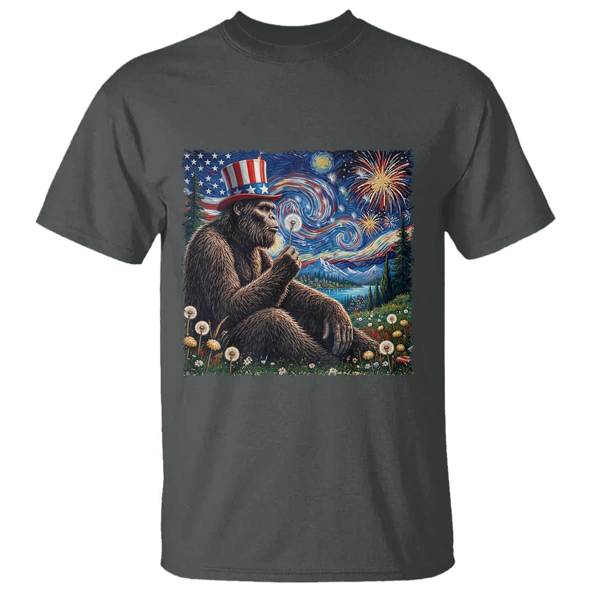 Bigfoot Blowing Dandelion T Shirt Sasquatch Van Gogh Starry Night 4th of July