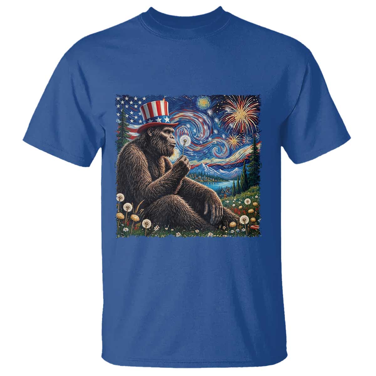 Bigfoot Blowing Dandelion T Shirt Sasquatch Van Gogh Starry Night 4th of July