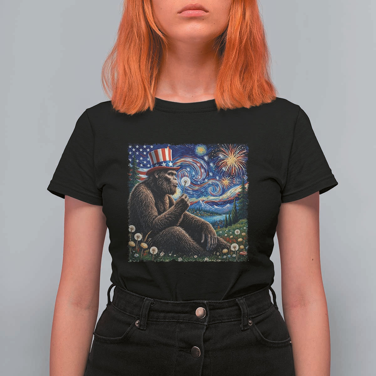 Bigfoot Blowing Dandelion T Shirt For Women Sasquatch Van Gogh Starry Night 4th of July