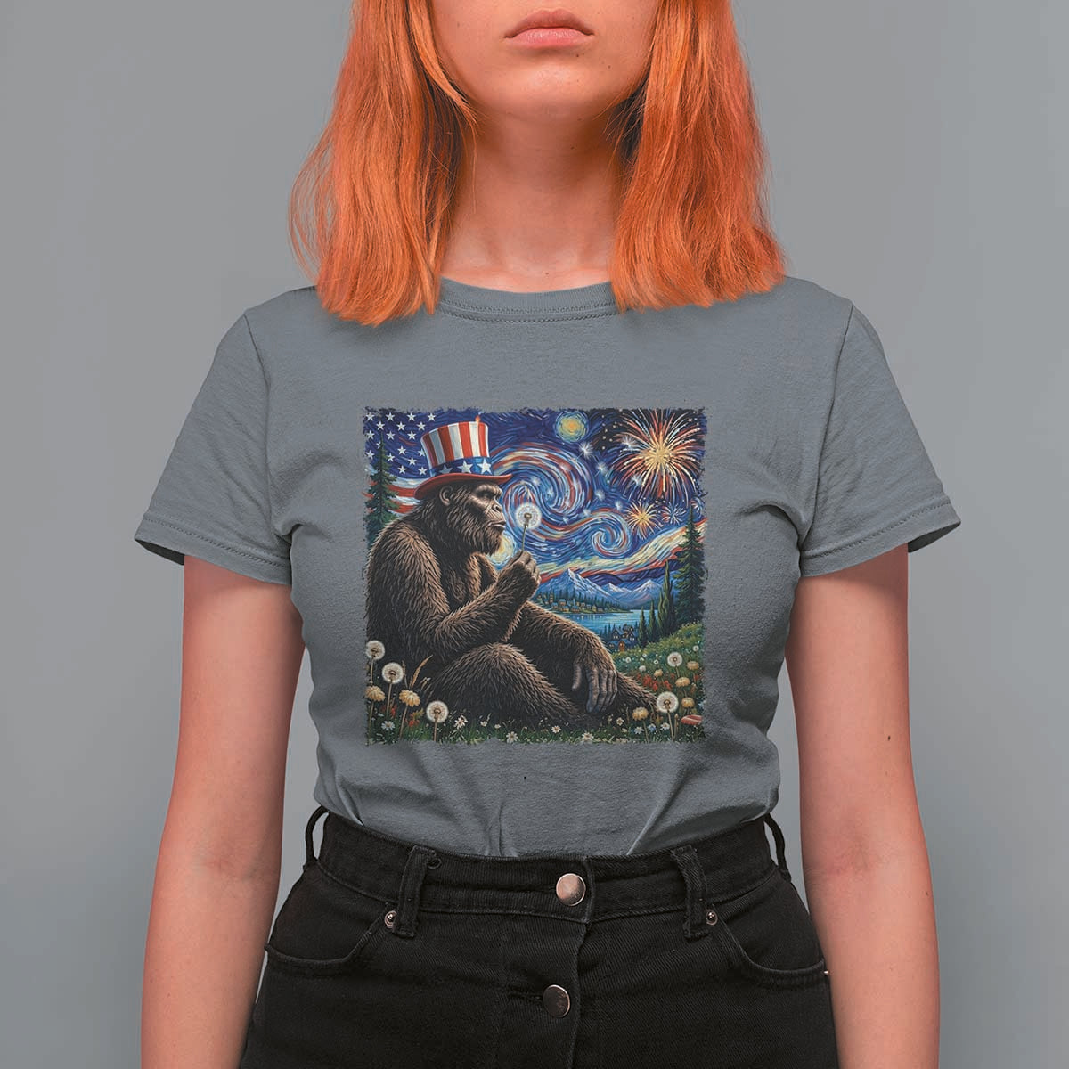Bigfoot Blowing Dandelion T Shirt For Women Sasquatch Van Gogh Starry Night 4th of July