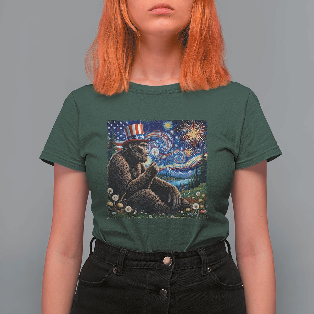 Bigfoot Blowing Dandelion T Shirt For Women Sasquatch Van Gogh Starry Night 4th of July