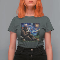 Bigfoot Blowing Dandelion T Shirt For Women Sasquatch Van Gogh Starry Night 4th of July