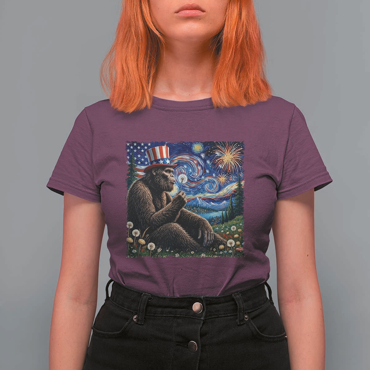 Bigfoot Blowing Dandelion T Shirt For Women Sasquatch Van Gogh Starry Night 4th of July
