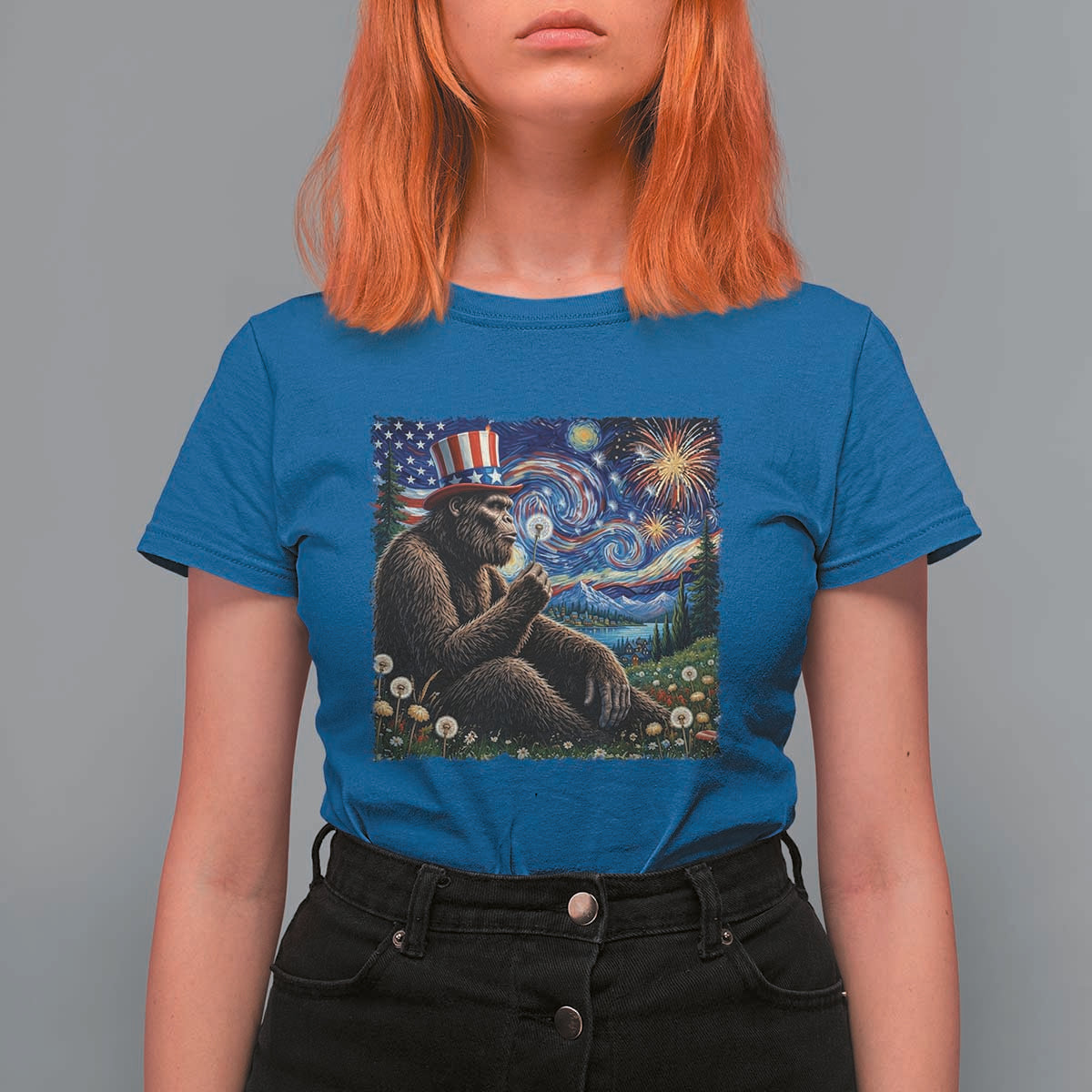 Bigfoot Blowing Dandelion T Shirt For Women Sasquatch Van Gogh Starry Night 4th of July
