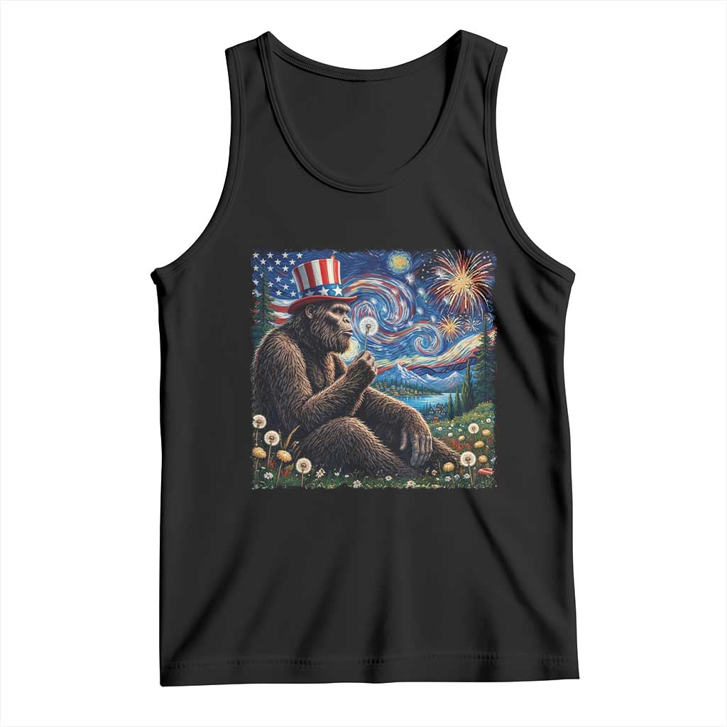 Bigfoot Blowing Dandelion Tank Top Sasquatch Van Gogh Starry Night 4th of July