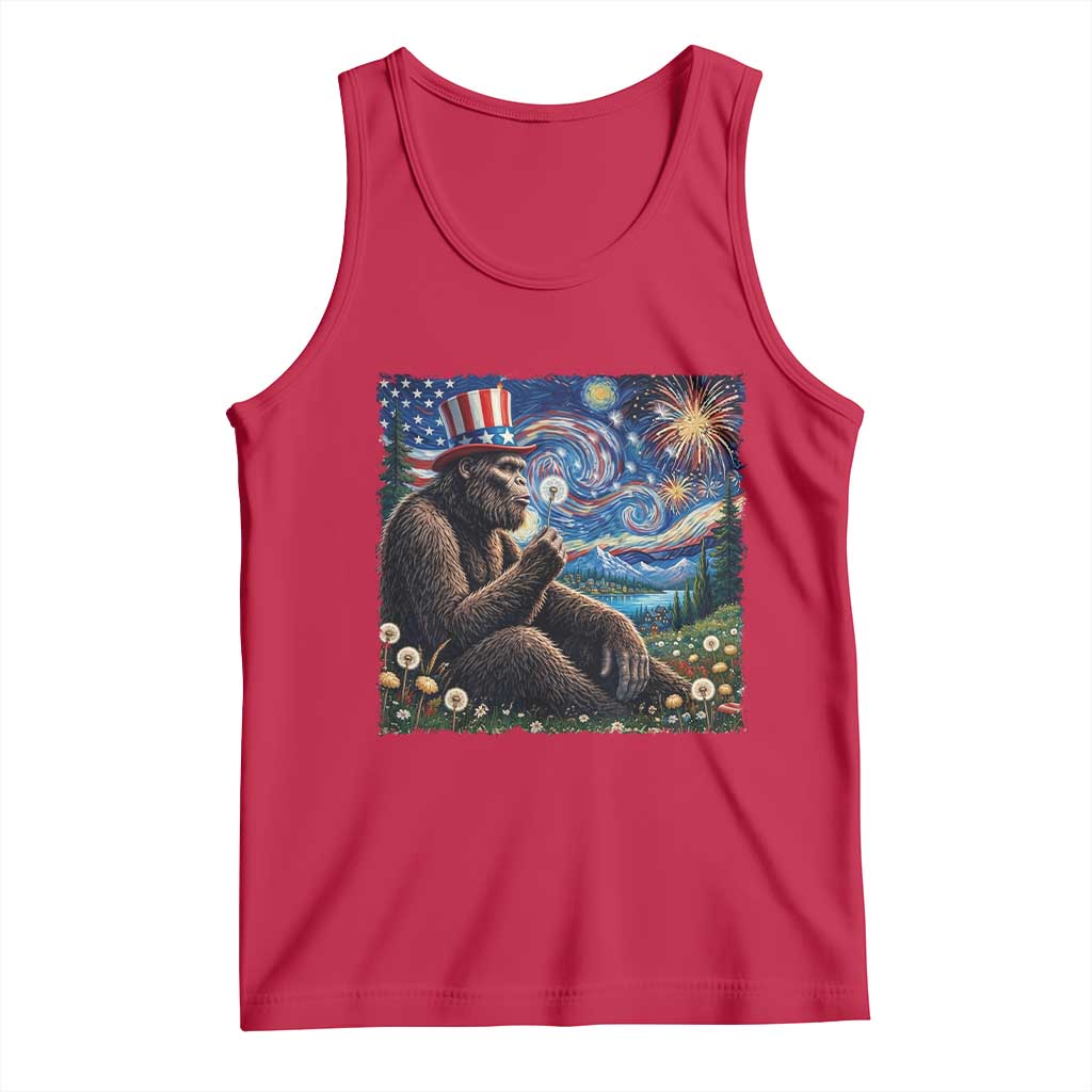 Bigfoot Blowing Dandelion Tank Top Sasquatch Van Gogh Starry Night 4th of July
