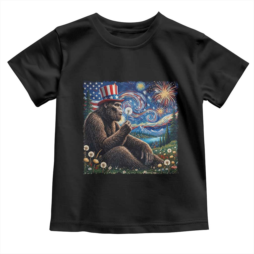 Bigfoot Blowing Dandelion Toddler T Shirt Sasquatch Van Gogh Starry Night 4th of July