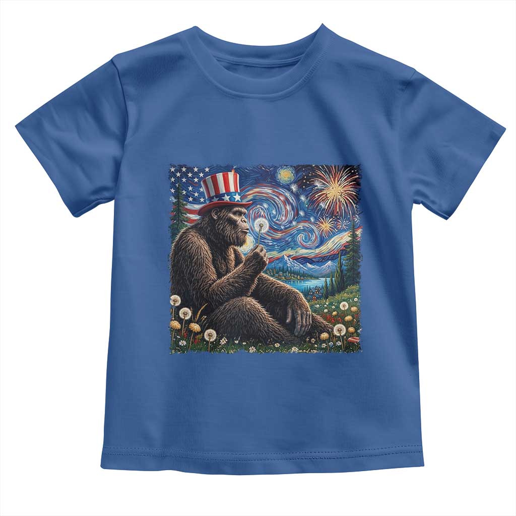 Bigfoot Blowing Dandelion Toddler T Shirt Sasquatch Van Gogh Starry Night 4th of July