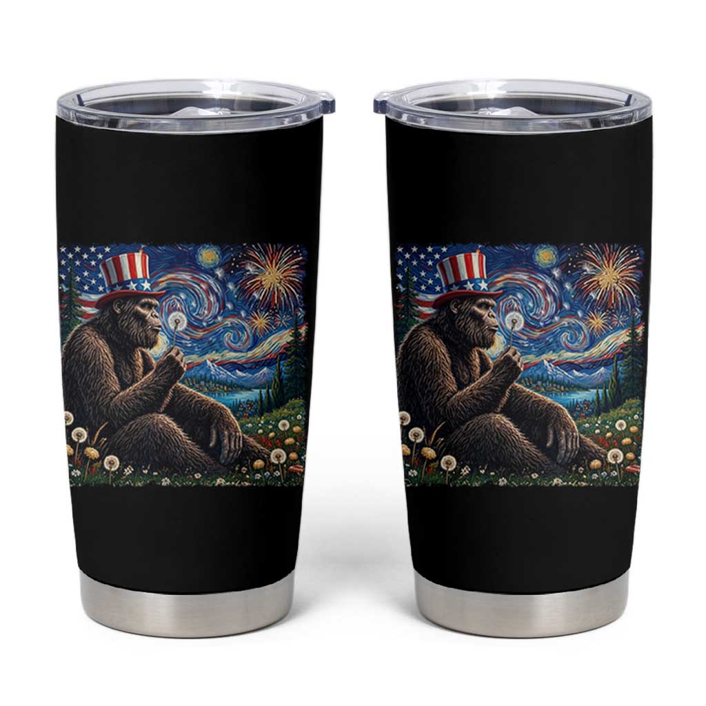 Bigfoot Blowing Dandelion Tumbler Cup Sasquatch Van Gogh Starry Night 4th of July