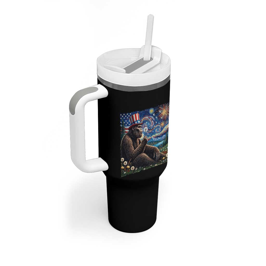 Bigfoot Blowing Dandelion Tumbler With Handle Sasquatch Van Gogh Starry Night 4th of July