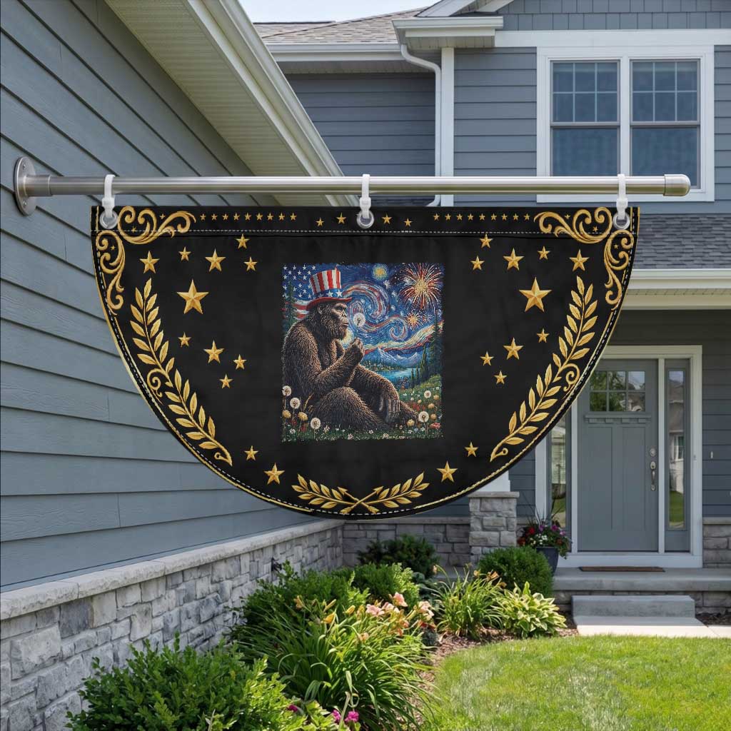 Bigfoot Blowing Dandelion Patriotic Fan Flag Sasquatch Van Gogh Starry Night 4th of July