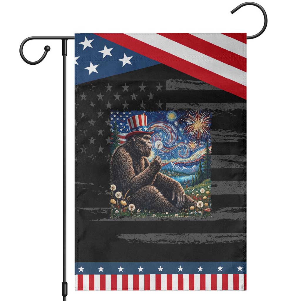 Bigfoot Blowing Dandelion Patriotic Garden Flag Sasquatch Van Gogh Starry Night 4th of July