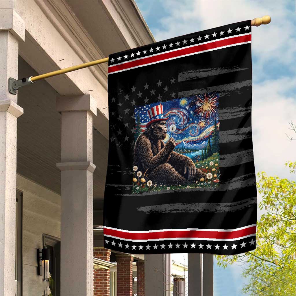 Bigfoot Blowing Dandelion Patriotic Garden Flag Sasquatch Van Gogh Starry Night 4th of July