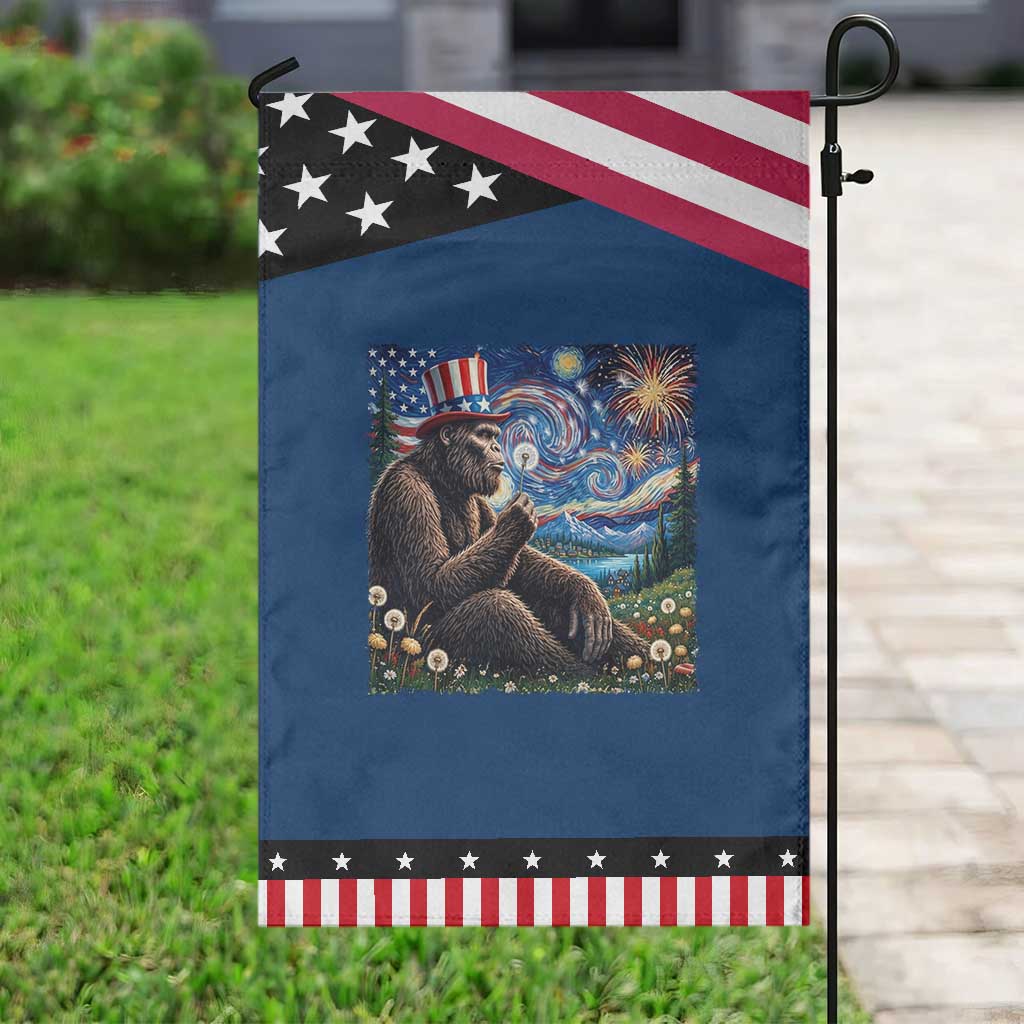 Bigfoot Blowing Dandelion Patriotic Garden Flag Sasquatch Van Gogh Starry Night 4th of July