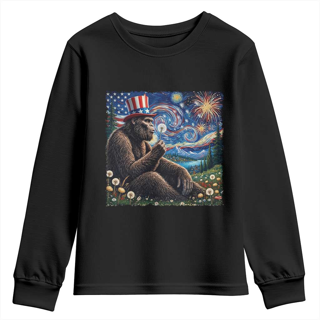 Bigfoot Blowing Dandelion Youth Sweatshirt Sasquatch Van Gogh Starry Night 4th of July