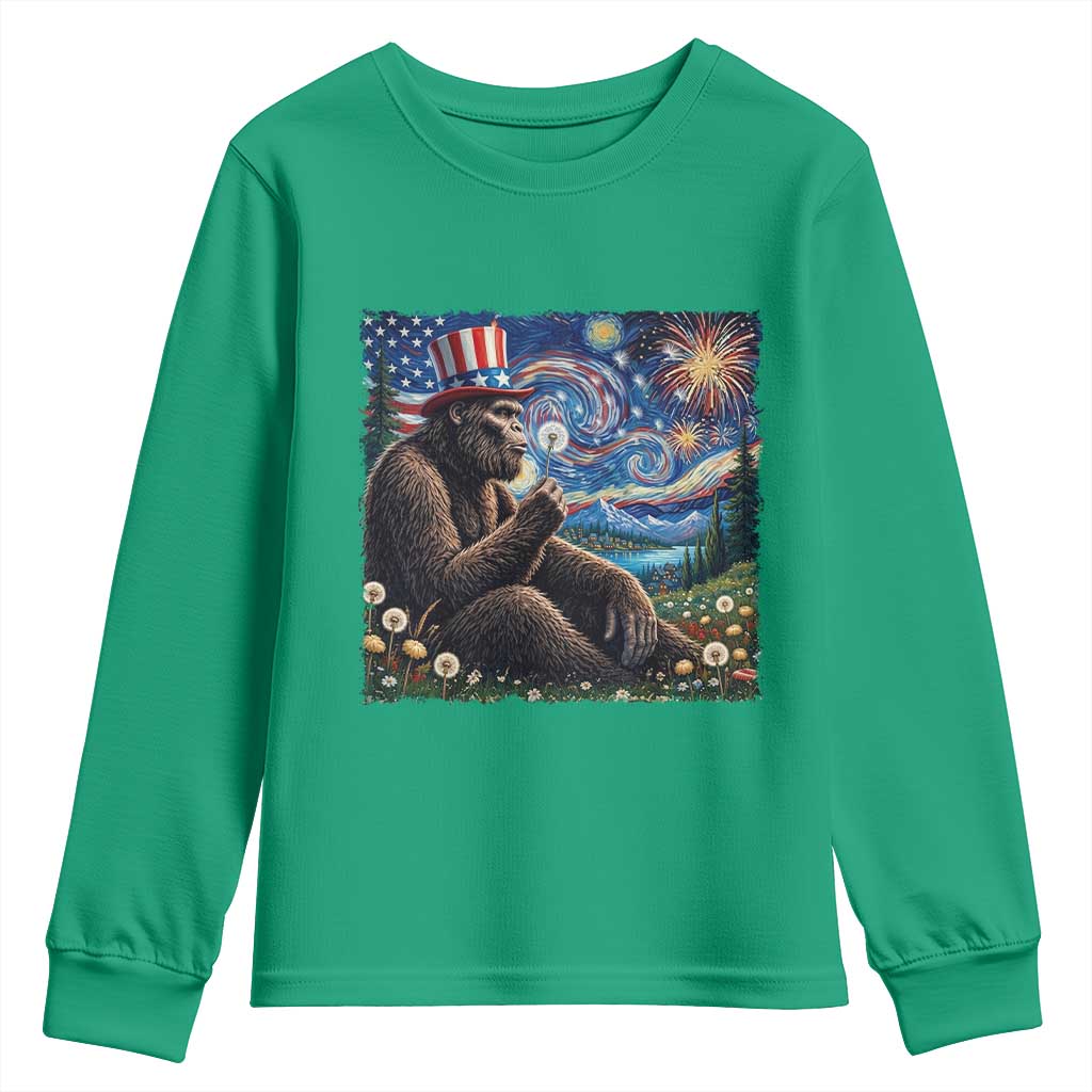 Bigfoot Blowing Dandelion Youth Sweatshirt Sasquatch Van Gogh Starry Night 4th of July