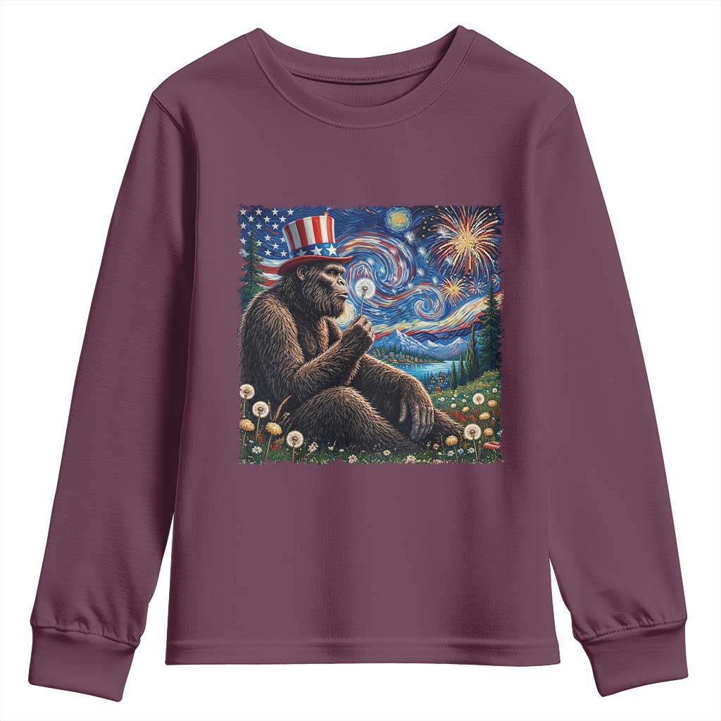 Bigfoot Blowing Dandelion Youth Sweatshirt Sasquatch Van Gogh Starry Night 4th of July