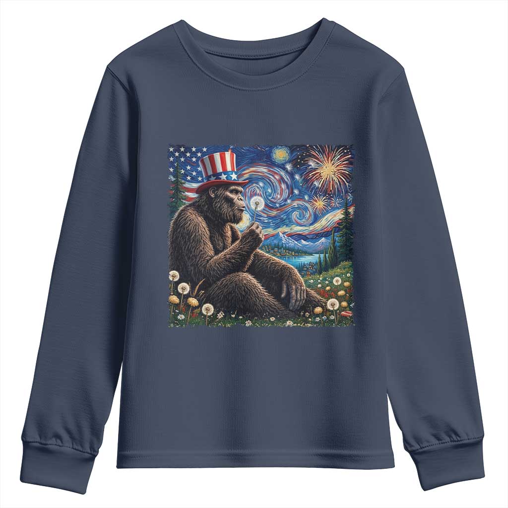 Bigfoot Blowing Dandelion Youth Sweatshirt Sasquatch Van Gogh Starry Night 4th of July