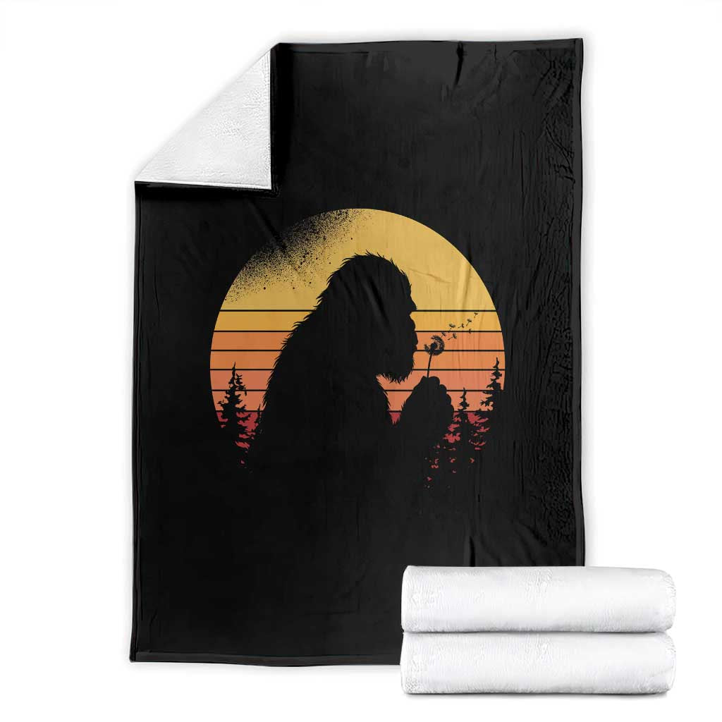 Bigfoot Blowing Dandelion Throw Blanket Retro Sunset Forest