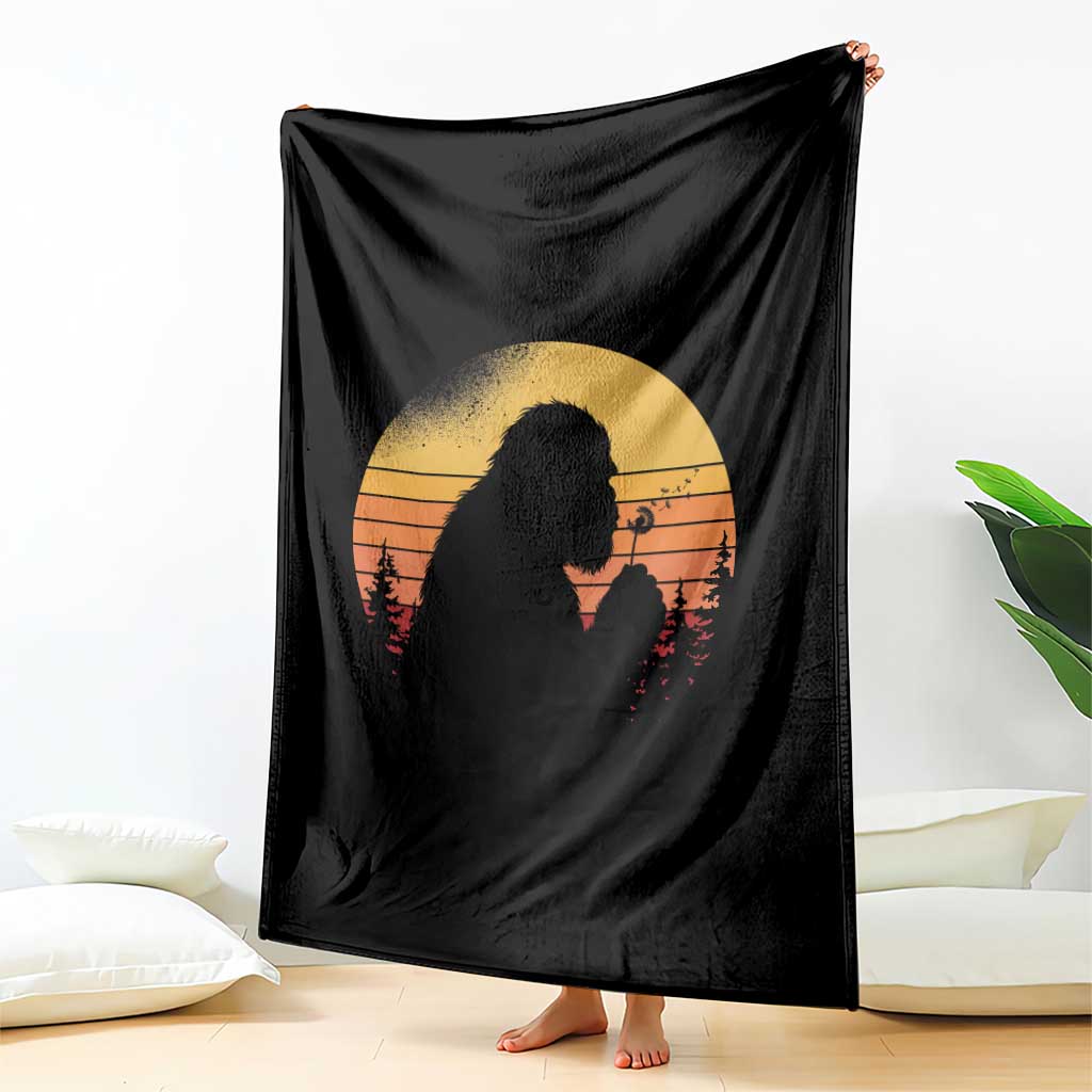 Bigfoot Blowing Dandelion Throw Blanket Retro Sunset Forest